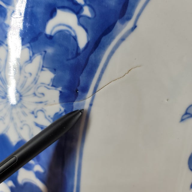 Grand 40" Vintage Blue & White Chinoiserie Floor Vase & Carved Stand For Sale - Image 11 of 17