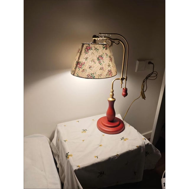 Art Deco Floral Fabric & Wood-Copper Adjustable Lamp For Sale - Image 3 of 5