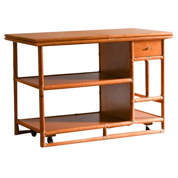 Serving Cart in Rattan with Adjustable Wood Top from McGuire, 1970 For Sale