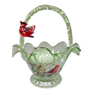 Vintage Bradford Exchange Cardinal Serenade Hand Blown Art Glass Basket For Sale