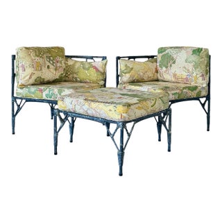 Vintage Coastal Chinoiserie Faux Bamboo Aluminum Modular Lounge Seating With Ottoman For Sale