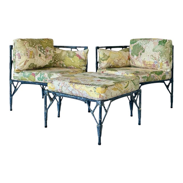 Vintage Coastal Chinoiserie Faux Bamboo Aluminum Modular Lounge Seating With Ottoman For Sale