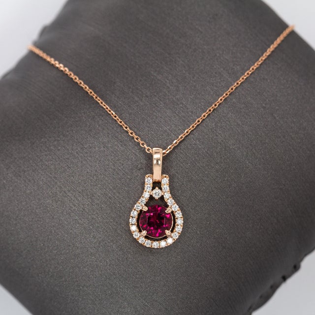 Dainty Rubellite Tourmaline & Natural Diamond Halo Pendant: Solid 14k Gold, 6mm For Sale - Image 4 of 8
