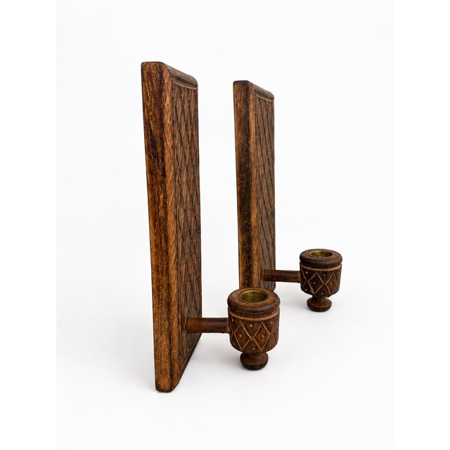 Brutalist Vintage Brutalist Hand-Carved Oak Wall Sconces with Brass and Wrought Iron, 1970s, Set of 2 For Sale - Image 3 of 10