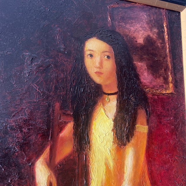 Oil on Canvas European School Framed Signed Titled Girl With a Dog Made in 1986 by Tatiana Zeltzer For Sale - Image 10 of 12