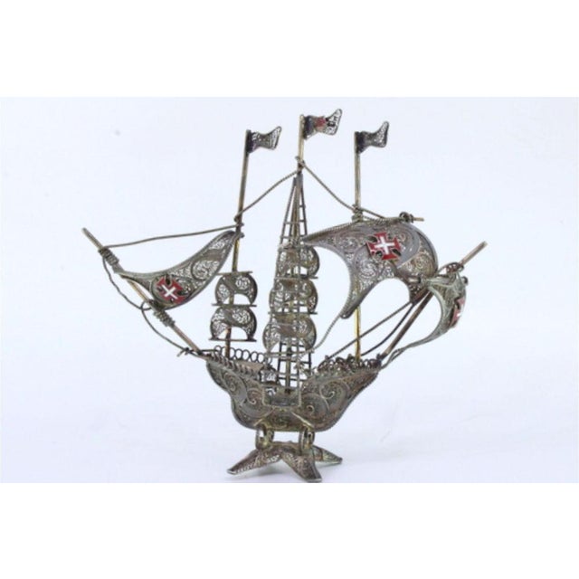 Metal Silver Filigree Caravel with Portuguese Flags and Symbols For Sale - Image 7 of 9