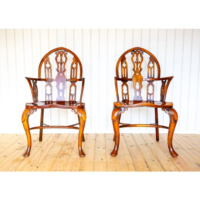 Wood Gothic Strawberry Hill Windsor Steeple Back Armchairs by Theodore Alexander, 1990s, Set of 2 For Sale - Image 7 of 18