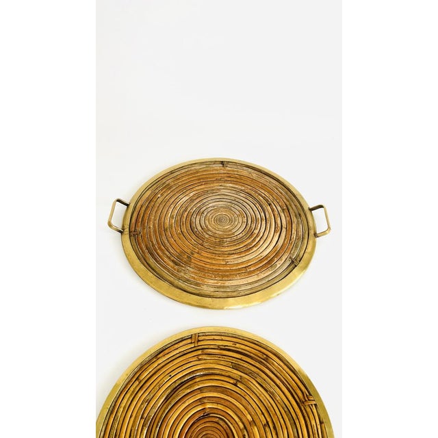 Wood Rattan and Brass Table Service Set, Italy, 1970, Set of 4 For Sale - Image 7 of 15
