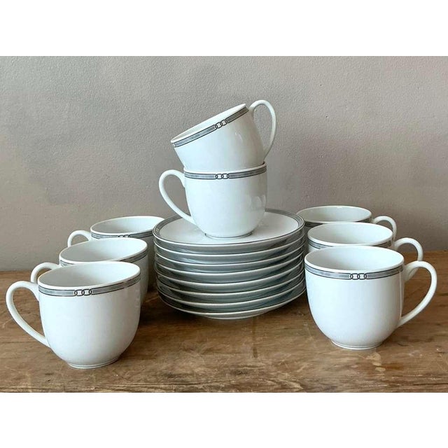 Ceramic Vintage Boho Christofle "Alliance Grey" Tea Cups With Saucers - Set of 8 For Sale - Image 7 of 8