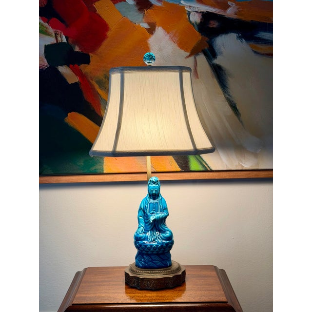 1970s Chinese Ceramic Glazed Turquoise Seated Figure Table Lamp For Sale - Image 12 of 12