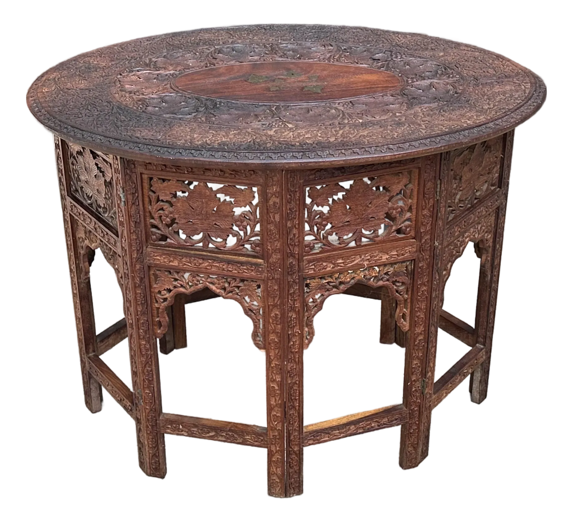 Vintage Anglo-Indian Moroccan Folding Table With Brass Inlay