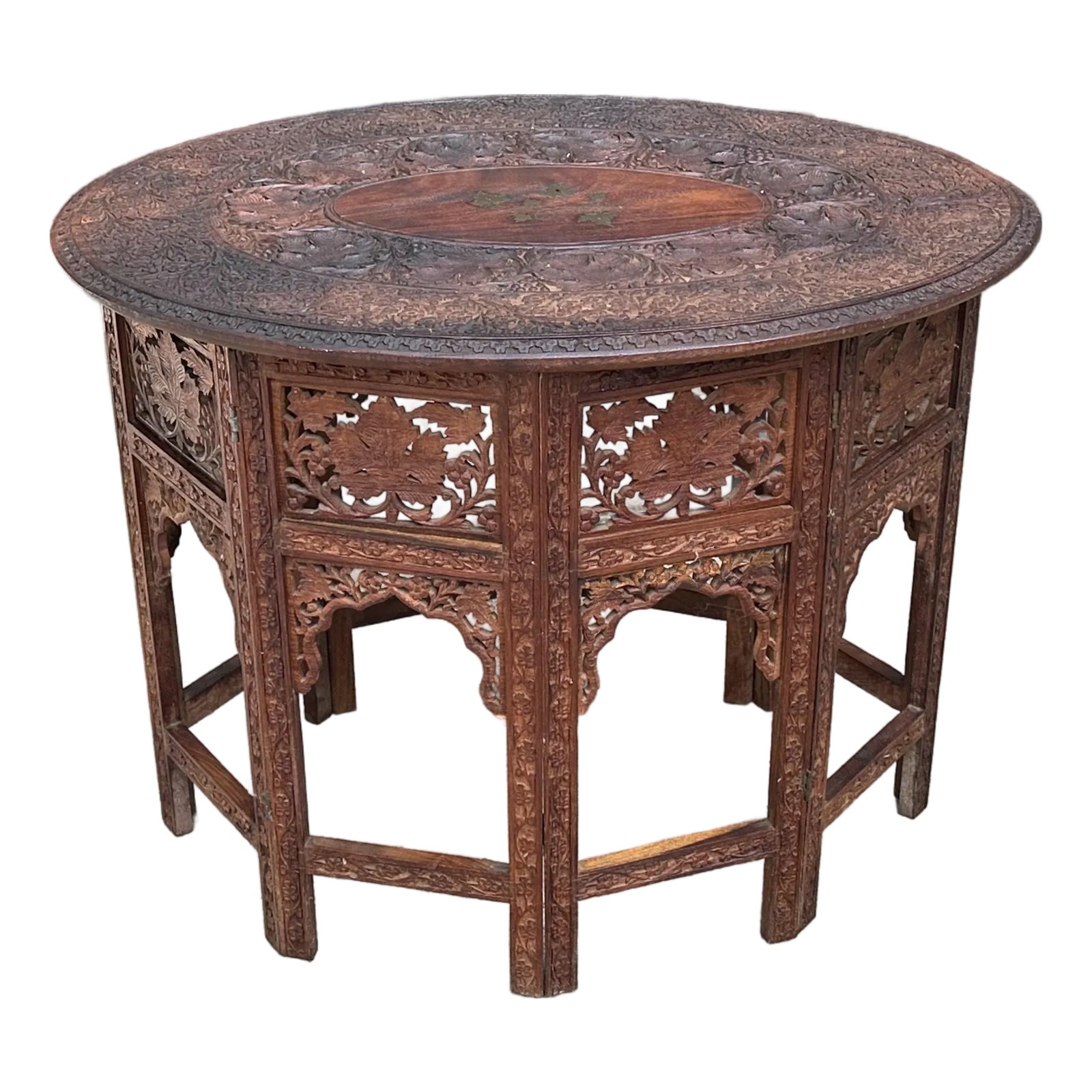 Vintage Anglo-Indian Moroccan Folding Table With Brass Inlay
