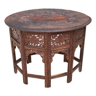 Vintage Anglo-Indian Moroccan Folding Table With Brass Inlay For Sale