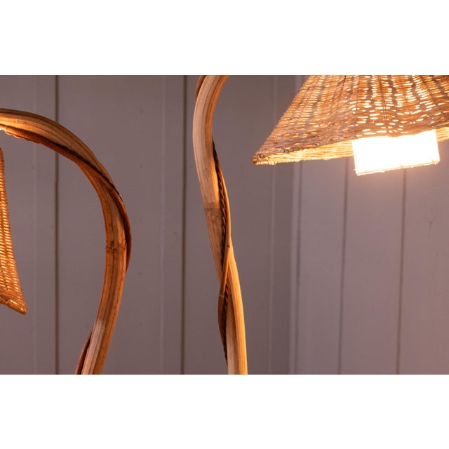 Thalia Double Rattan Floor Lamp With 2 Adjustable Woven Floral Conical Shades For Sale - Image 6 of 14