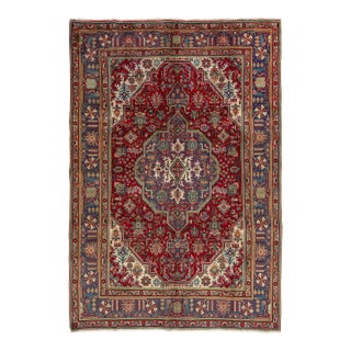 Vintage RedTabriz Pesian Wool Rug With Medallion Motif For Sale