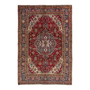 Vintage RedTabriz Pesian Wool Rug With Medallion Motif