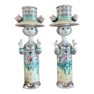 Late 20th Century Pair of Impressive Large Bjorn Wiinblad Ceramic Figural Candlesticks With Inserts For Sale