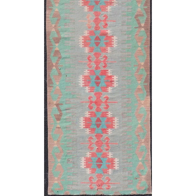 Mid 20th Century Geometric Medallion Vintage Turkish Tribal Kilim Flat-Weave Runner For Sale - Image 4 of 12