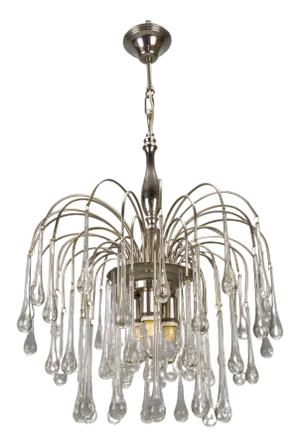Italian Clear Murano Glass and Chromed Brass Three-Light Waterfall Chandelier, 1970s