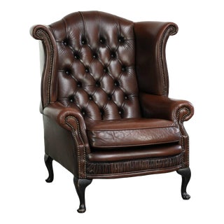 English Cowhide Chesterfield Wing Armchair For Sale