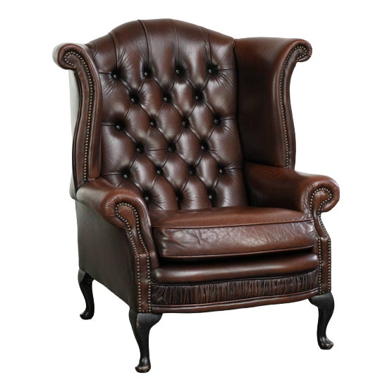 English Cowhide Chesterfield Wing Armchair For Sale