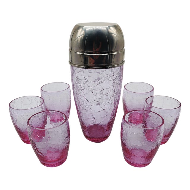 Vintage Set with Cocktail Shaker and Glasses in Pink Cracle Glass, 1960s, Set of 7 For Sale