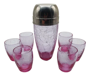 Vintage Set with Cocktail Shaker and Glasses in Pink Cracle Glass, 1960s, Set of 7