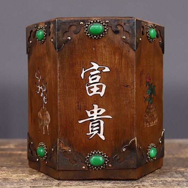 Rosewood Hexagonal Brush Pot With Mother of Pearl Inlay & Gemstone Accents – "Fu Gui" Motif For Sale In Los Angeles - Image 6 of 9