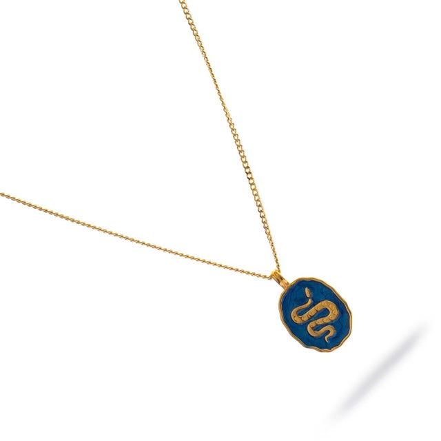 Guardian Snake Blue Enamel Gold Necklace For Sale In Miami - Image 6 of 10
