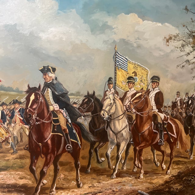 Late 18th Century H.Rienmann American School Oil on Canvas Framed Signed Depicting George Washington Leading Pennsylvania State Regiment of Light Horse of 1778 For Sale - Image 5 of 12