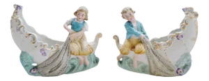 German Victorian Bisque & Porcelain Girl & Boy in Boat with Fishing Nets - a Pair