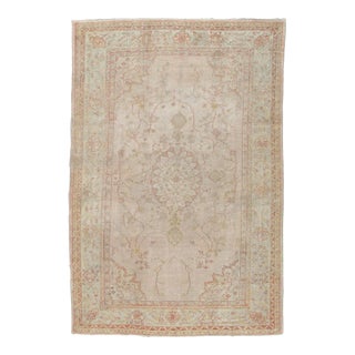 Antique Oushak Carpet, Handmade Oriental Rug, Shrimp Pink, Taupe, Cream Fine Rug For Sale
