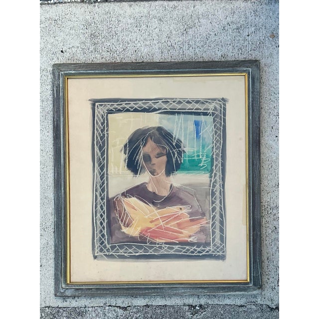 Vintage Mixed Media Portrait on Paper For Sale - Image 9 of 12