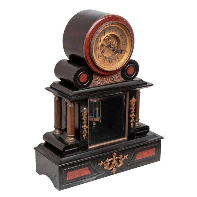 French French Marble and Black SMantel Clock For Sale - Image 3 of 5