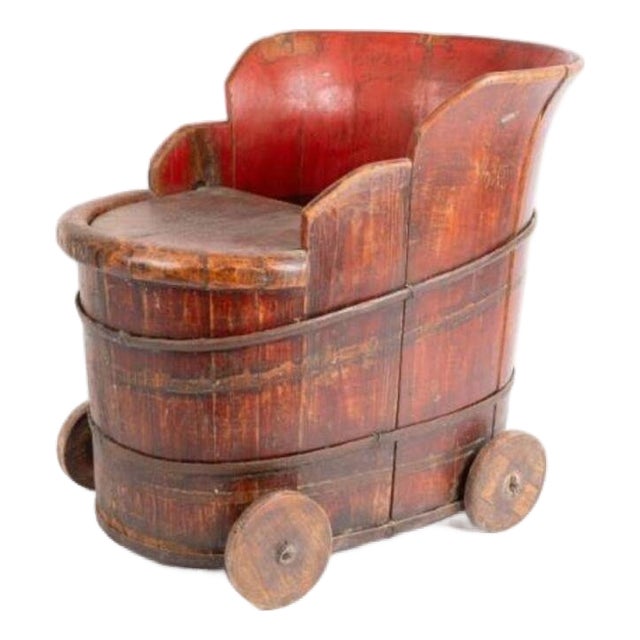 Antique Chinese Qing Dynasty Red Lacquer Child’s Wagon / Wash Tub Regular Price For Sale