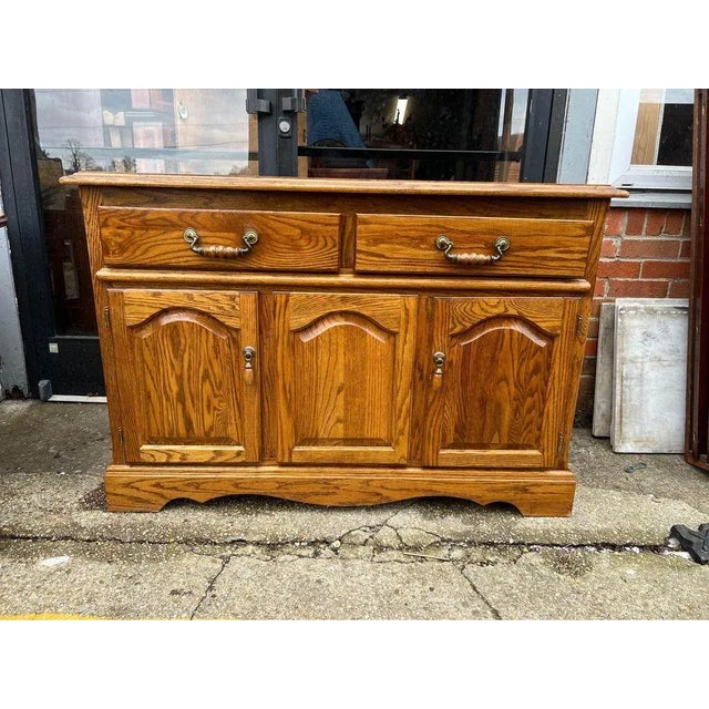 Mid 20th Century Mid 20th Century Vintage Solid Oak Two-Part Leaded Glass Hutch Cabinet For Sale - Image 5 of 13