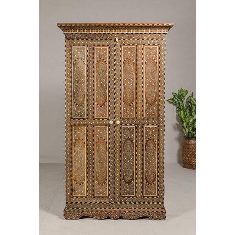 Anglo Indian Style Mango Wood Tall Cabinet with Floral Themed Bone Inlaid Décor For Sale In New York - Image 6 of 12