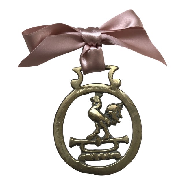 Antique English Horse Brass Christmas Ornament Rooster Cock Trumpet For Sale