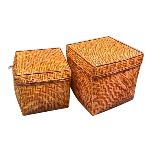 1970s Pair of Herringbone Woven - Rattan Storage Baskets For Sale