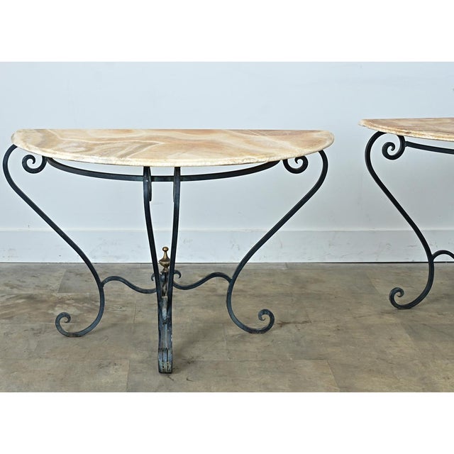 Early 20th Century French Pair of Onyx & Iron Demilune Consoles For Sale - Image 13 of 13