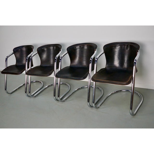 Brown Leather Dining Chairs, 1970s, Set of 4 For Sale - Image 4 of 17