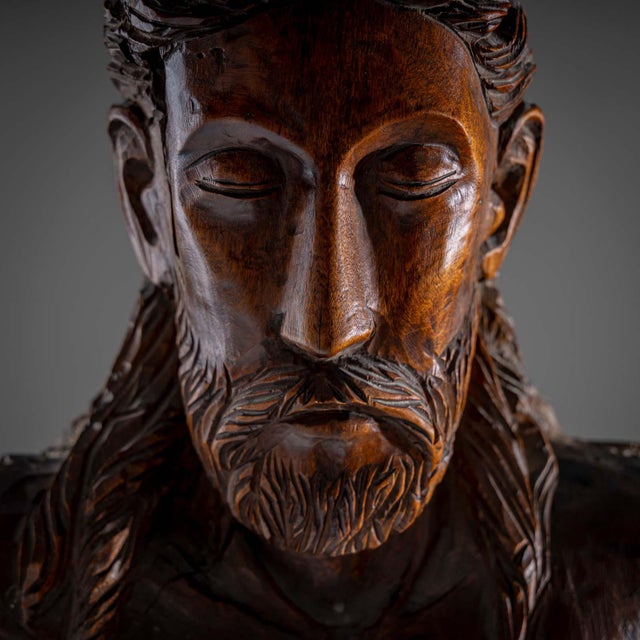 Brown Sculpture of Christ in the Romanesque Style, 19th-20th Century, Wood For Sale - Image 8 of 15