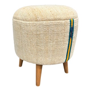 Vintage Handwoven Hemp Pouf Beige & Teal 1960s For Sale