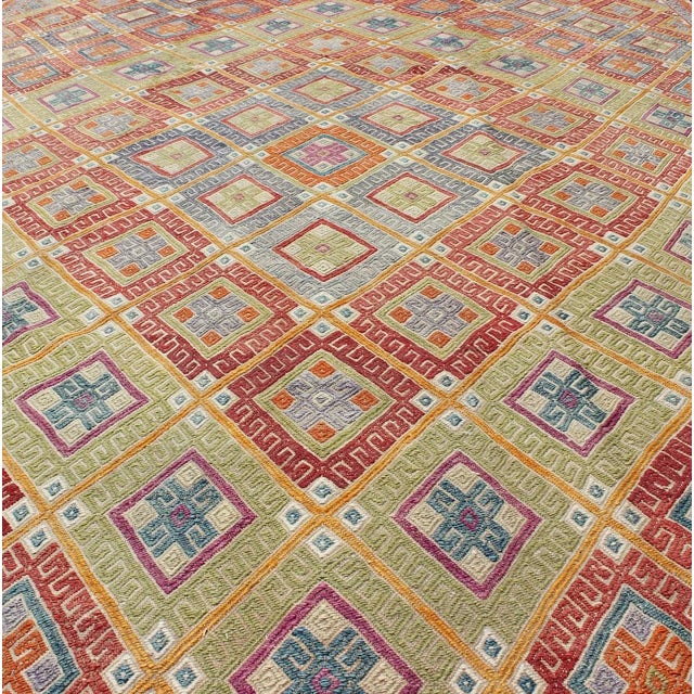 Mid 20th Century Mid 20th Century Geometric Diamond Vintage Turkish Kilim Rug, Bright and Colorful For Sale - Image 5 of 13