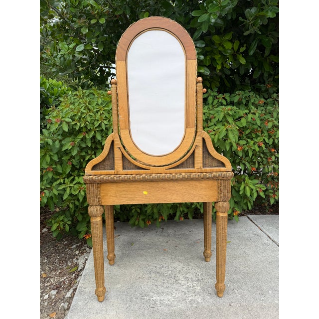 Vintage Wicker & Rattan Vanity Table With Oval Mirror and Drawer For Sale - Image 9 of 15