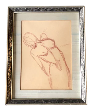Original Vintage Female Nude Sepia Abstract Drawing 1950’s Vintage Frame