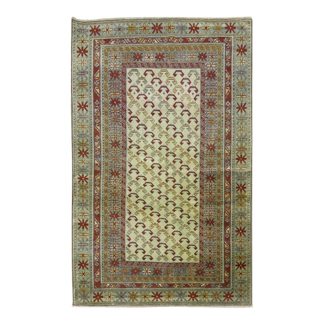 Ivory Light Blue Red Vintage Caucasian Shirvan Rug For Sale
