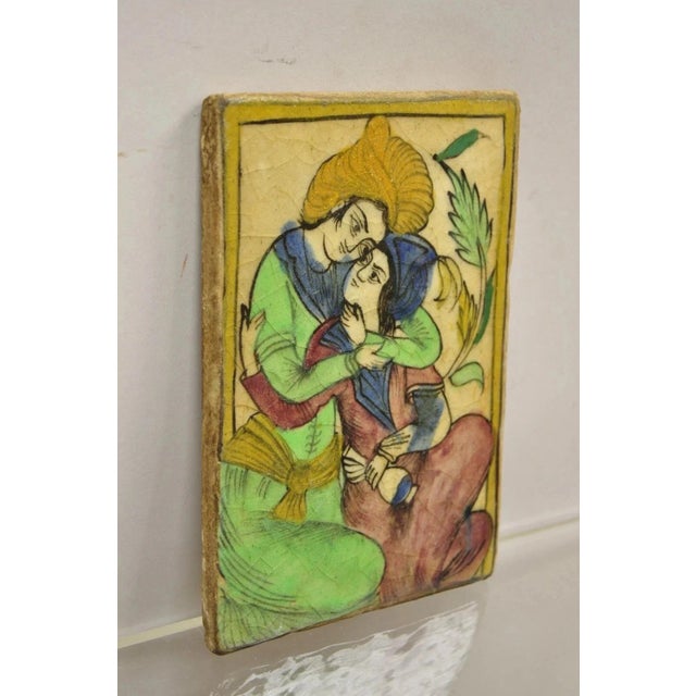 Early 20th Century Antique Persian Iznik Qajar Style Green Ceramic Pottery Tile Loving Couple C5 For Sale - Image 5 of 9