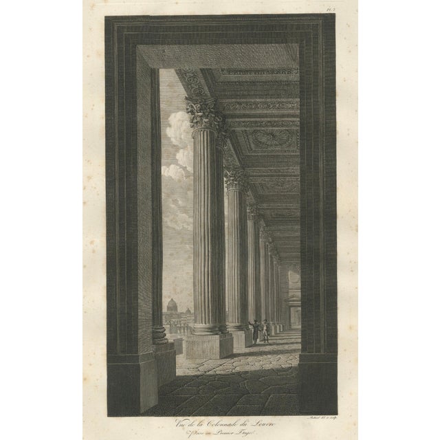 Antique Louvre Colonnade Engraving, Baltard Paris 1803 A dramatic early 19th-century French architectural engraving from...
