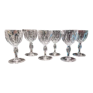 Set of 6 Antique Libbey Crystal Glass Port Wine Cut Panel Air Trap Bubble Stems Early 20th Century